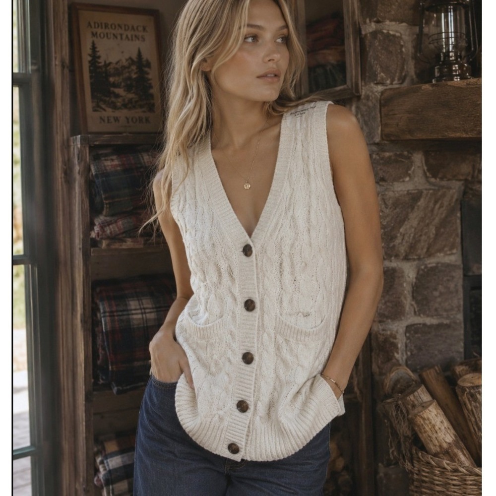 Abercrombie & Fitch Sweater Vest Cable Knit Wool Alpaca Medium Cream Heritage